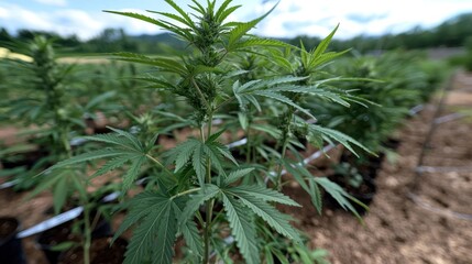 Naklejka premium Hemp plants growing in field, outdoor cultivation, rural setting, cloudy sky visible in background. Possible use Agricultural, scientific study