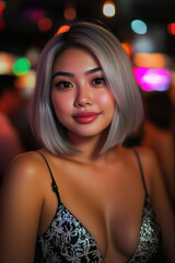 Woman with stylish silver hair posing in vibrant nightlife setting