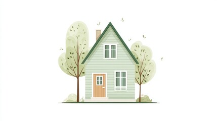 Fototapeta premium Charming Green House Surrounded by Lush Trees and Soft Nature Elements in Minimal Design