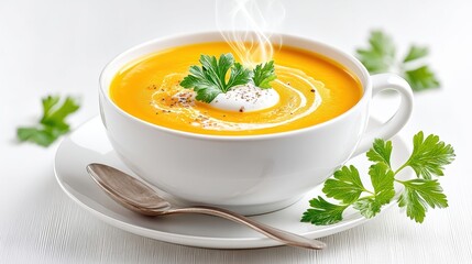 Creamy butternut squash soup in a white bowl garnished with herbs and a swirl of cream