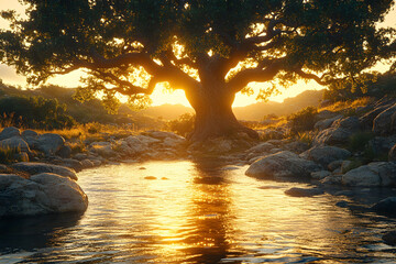 Majestic Sunset Over Serene Stream with Ancient Oak Tree - Nature's Tranquility for Wall Art