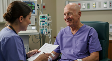Doctor and senior male cancer patient. Physician discussing treatment with smiling elderly Caucasian bald man. National Cancer Survivors day. Successful cancer treatment. Patient and nurse caregiver.