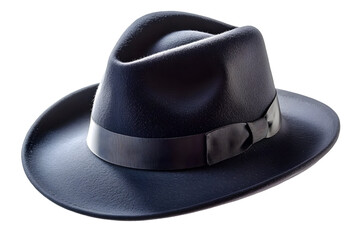 Classic Fedora A blue felt fedora with a dark ribbon band sits on a transparent background, exuding vintage style