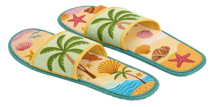 Tropical Summer Slippers Pair of Beach-Themed Slides, Isolated on Transparent Background, Summer Sandals, illustration, Slippers, Summer, Beach