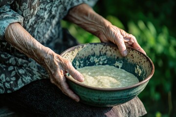 Elderly woman's hands gently hold a rustic bowl filled with a creamy, light-colored mixture.