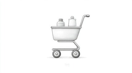 Simple Outline of Shopping Cart Filled with Bottles on a Clean White Background