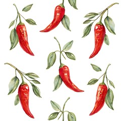 Watercolor Painting of Red Chili Peppers with Green Leaves on White Background. A repeating pattern of vibrant chili peppers perfect for culinary or design projects.