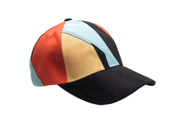 Colorful baseball cap with geometric panels in red, blue, yellow, and black against a transparent background