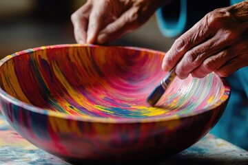 Obraz premium A person's hands carefully paint vibrant, swirling colors onto a wooden bowl, creating a mesmerizing artwork.