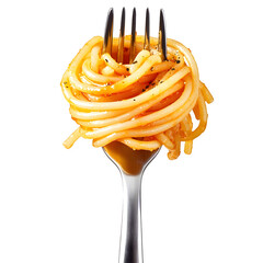 Spaghetti on a fork isolated on a white background, ultra HD  resolution. A swirling portion of golden spaghetti wrapped around a stainless steel fork, 