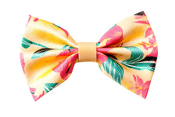 Floral bow tie with bright colors. Features pink, yellow, and green floral patterns on a light-colored background