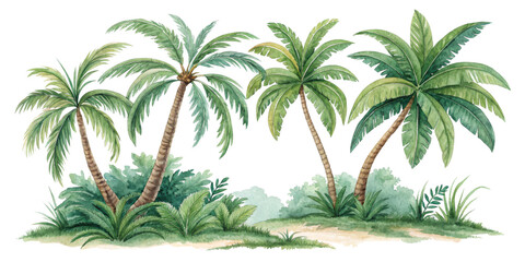 Obraz premium Watercolor Palm Trees Tropical Scene, Isolated on Transparent Background, Clipart Illustration, Palm trees, tropical, watercolor
