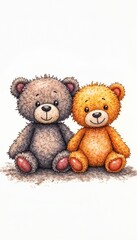 Obraz premium Cute pair of fluffy teddy bear characters, one gray and one orange, sitting together