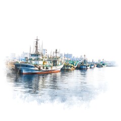 Fishing Boats Docked at a Harbor, Calm Waters and City Skyline.