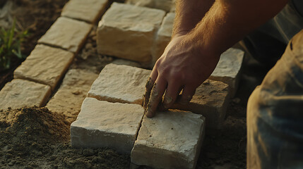 Mason laying bricks for a garden wall. Featuring craftsmanship and masonry skills