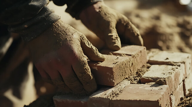 Mason laying bricks for a garden wall. Featuring craftsmanship and masonry skills