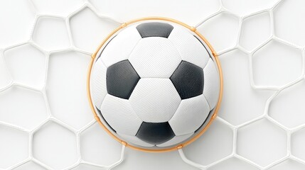 Obraz premium Close-Up of a Classic Soccer Ball Resting in a White Goal Net Against a Soft Background