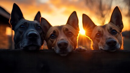 Obraz premium Sunset Canine Trio Loyal Friends at Golden Hour.