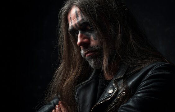 Standing in a leather jacket is a black metalhead dude with long brown hair and a painted face.