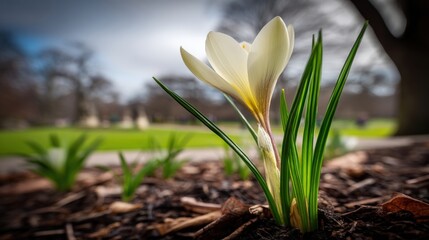 Obraz premium White Crocus Flower Surrounded by Fresh Green Grass in a Tranquil Park Setting