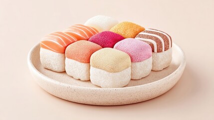 Colorful and Creative Dessert Sushi with Various Toppings on a Light Beige Plate
