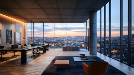 Modern office space with open workspace and panoramic city view. 3D Rendering