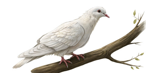 Fototapeta premium White Dove on Branch Digital Painting, Isolated on Transparent Background, Bird Illustration, Peace Symbol, Dove, Bird, Peace