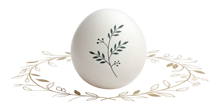 White Egg with Green Botanical Design, Isolated on Transparent Background, Easter Egg Clipart, Floral Illustration, Easter, Egg, Botanical