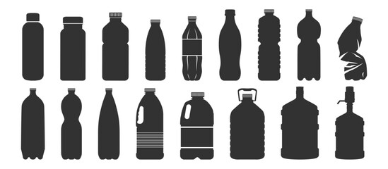 Plastic bottle black icon set isolated on transporent. Water bottle flat line style set. Pet bottle plastic. Small and large bottles for water, milk and other drinks