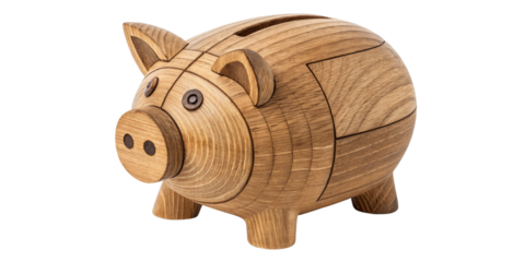 Wooden Piggy Bank, 3D Render, Savings, Isolated on Transparent Background, piggy bank model, Savings, Wooden toy, 3D model