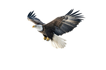 Obraz premium Eagle soars through the air, wings spread wide. Feathers detailed, showing power and grace. A regal bird in motion against a solid background