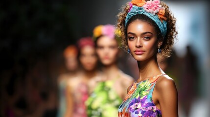 Fashion model showcasing colorful floral print dress and headpiece