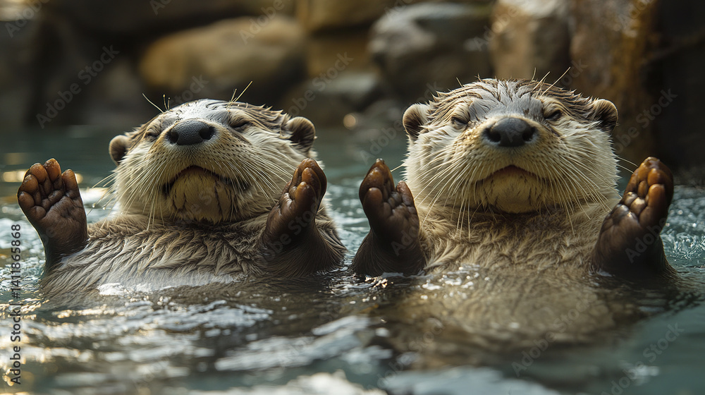 Poster two playful otters float on their backs with paws up in serene water setting