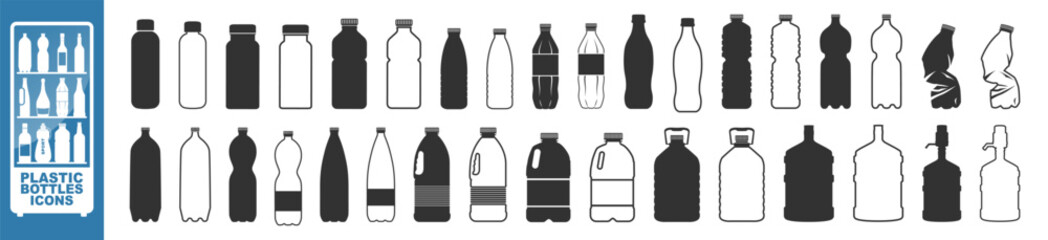 Plastic bottle black icon set isolated on transporent. Water bottle flat line style set. Pet bottle plastic. Small and large bottles for water, milk and other drinks