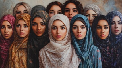 Fototapeta premium Diverse Group of Women with Colorful Headscarves in Close-Up Portrait