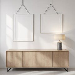 Minimalist interior with two blank posters on the wall above a wooden cabinet chest of drawers. 3D rendering