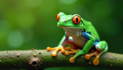 Naklejka premium Green tree frog perched on white, vibrant skin, reptile, tropical