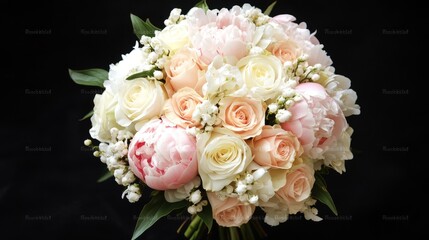 Vintage floral bouquet of pink peonies and white roses, an elegant botanical arrangement symbolizing timeless beauty.
