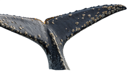 Close-up of a humpback whale's tail fluke with detailed barnacles, isolated on a transparent background 