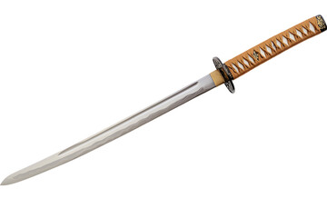 A sharpened katana with a wrapped handle and square guard against a transparent background