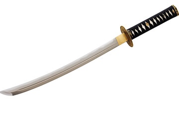Sharpened Japanese katana with detailed hilt and scabbard on transparent background