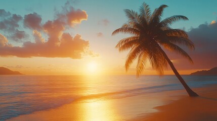 Obraz premium Tranquil Sunset Over Tropical Beach with Palm Tree