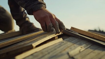 Roofing contractor laying roofing shingles. Outdoor construction site
