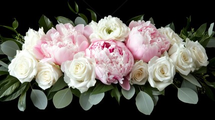 Vintage floral bouquet of pink peonies and white roses, an elegant botanical arrangement symbolizing timeless beauty.
