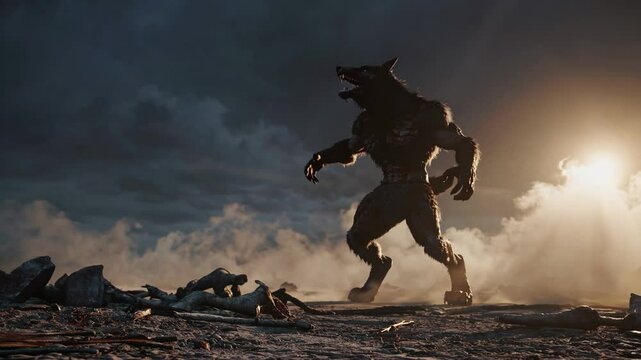 the werewolf emerges from the swirling dust in a twisted pose; the werewolf asserts silent dominance, the werewolf exudes a wild thirst, spreads primal fear. The concept of raw horror