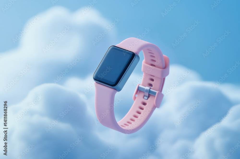 Poster pink smartwatch transferring data to the cloud, symbolizing wireless technology and connection in th