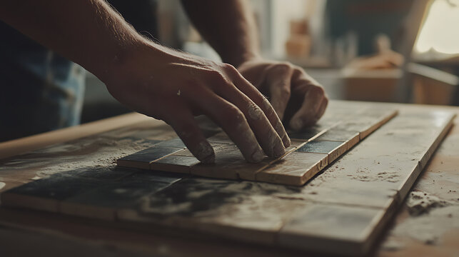 Mason laying tiles for a kitchen backsplash. Featuring tiling work and craftsmanship