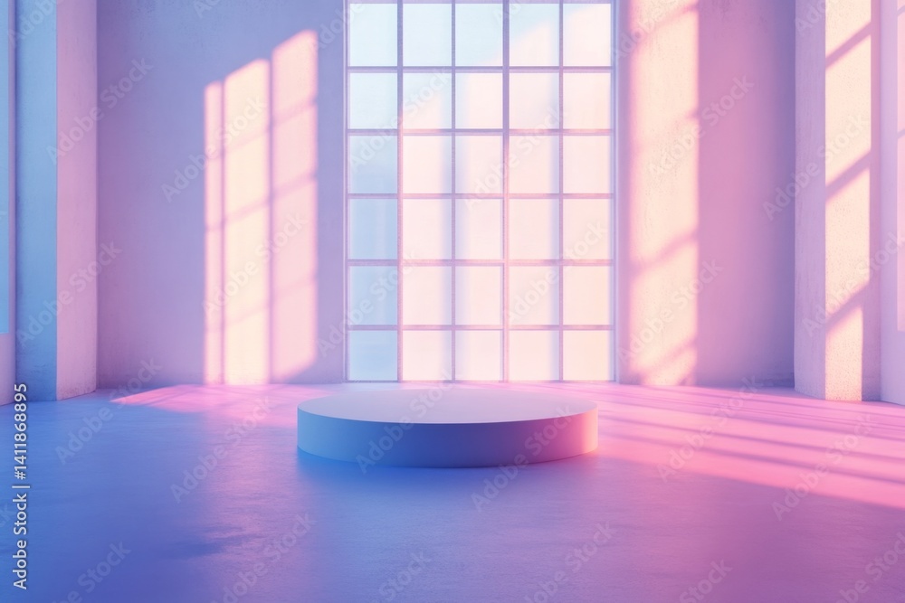 Poster empty cylindrical display platform in a light-filled modern space