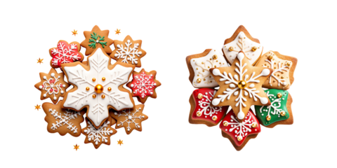  colorful chistmas cookies ,Gingerbread christmas snowflake star santa man tree cookie biscuit on a transparent background
