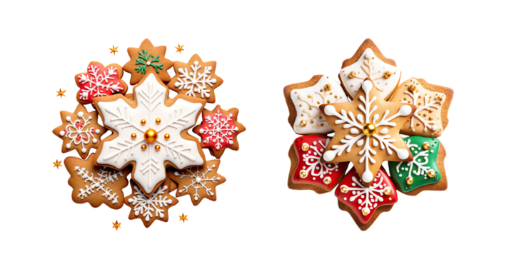 colorful chistmas cookies ,Gingerbread christmas snowflake star santa man tree cookie biscuit on a transparent background